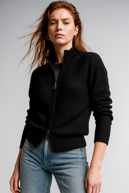 Kaylee Ribbed Knit Double Zip Cardigan - Black