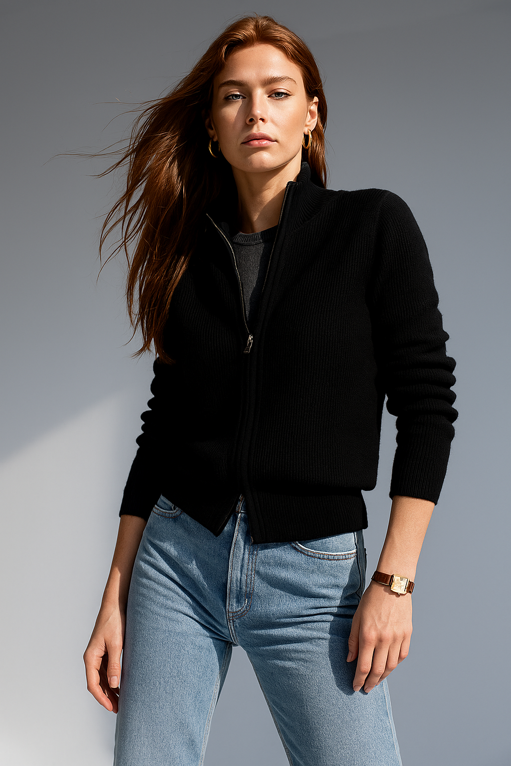 Kaylee Ribbed Knit Double Zip Cardigan - Black