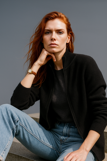Kaylee Ribbed Knit Double Zip Cardigan - Black