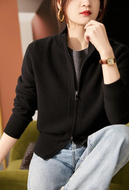 Kaylee Ribbed Knit Double Zip Cardigan - Black