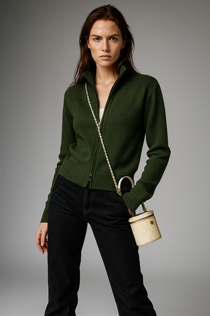 Kaylee Ribbed Knit Double Zip Cardigan - Forest Green