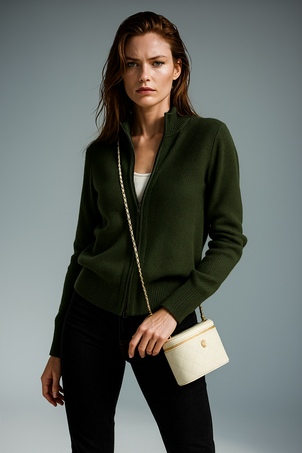 Kaylee Ribbed Knit Double Zip Cardigan - Forest Green
