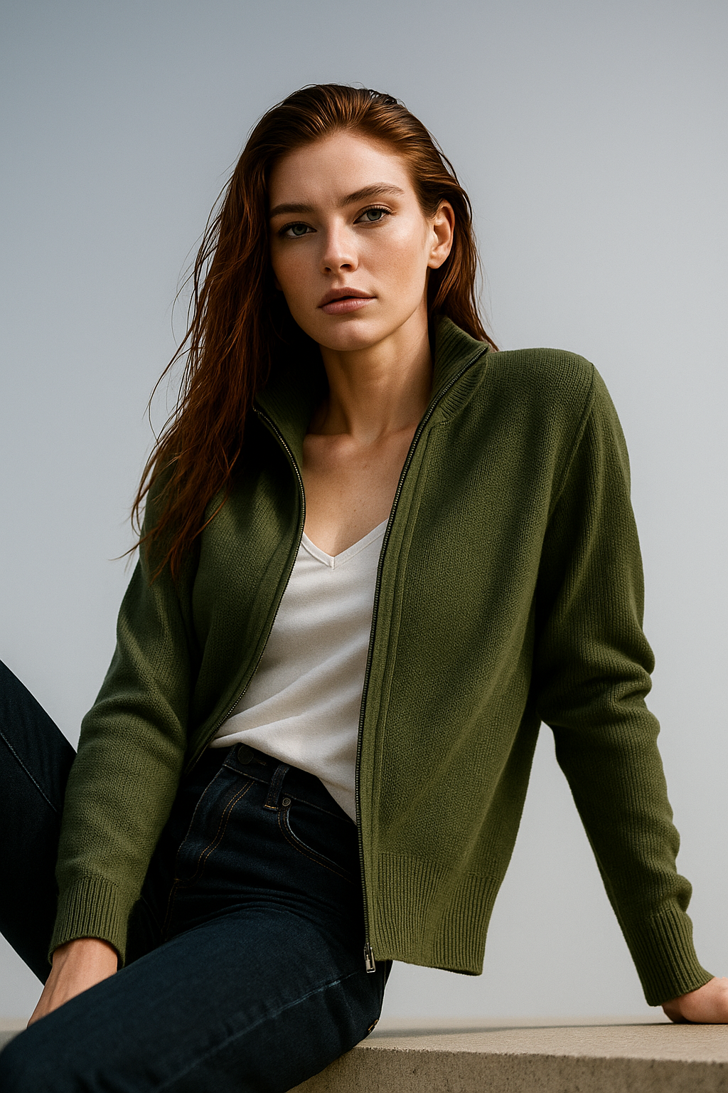 Kaylee Ribbed Knit Double Zip Cardigan - Forest Green