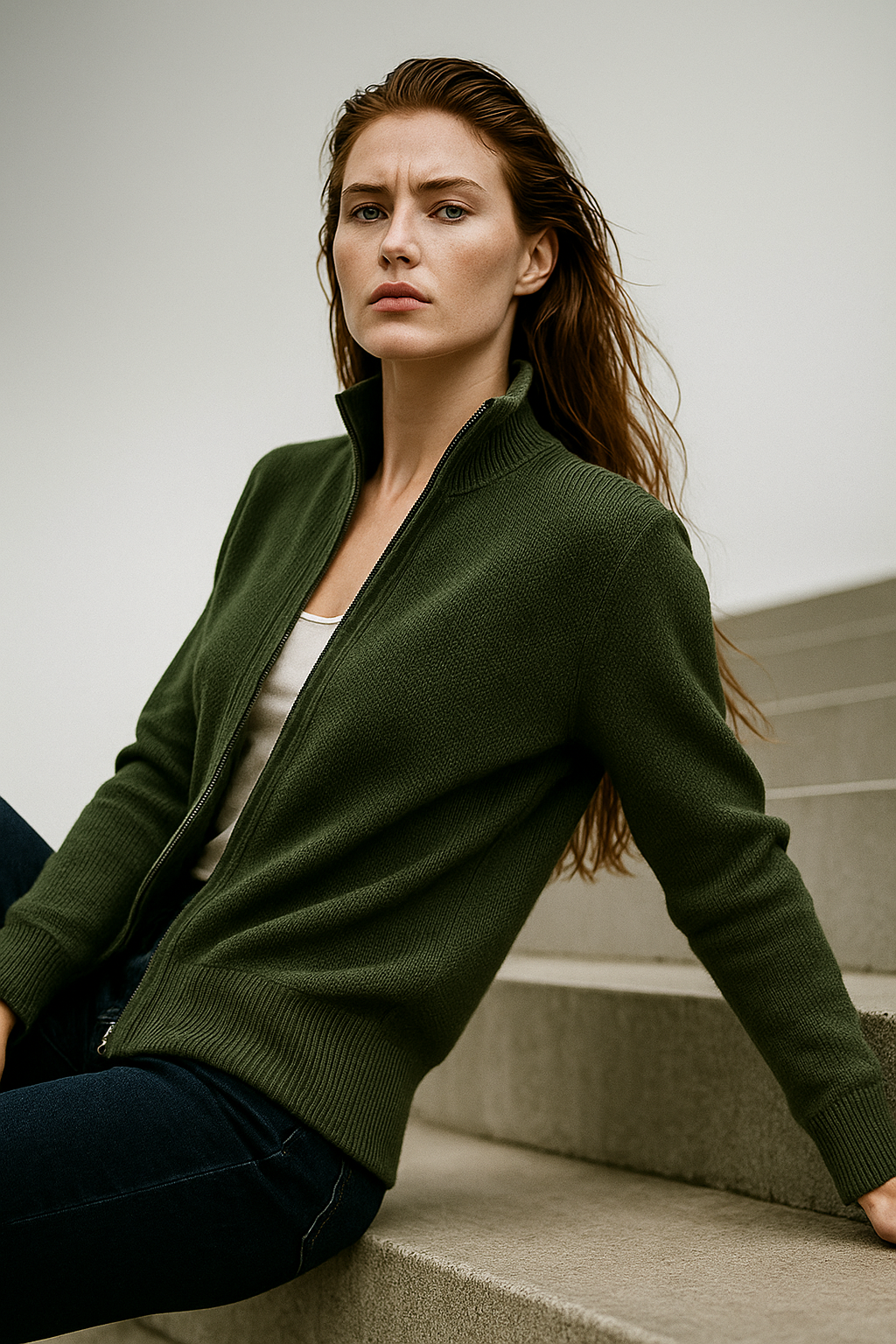Kaylee Ribbed Knit Double Zip Cardigan - Forest Green