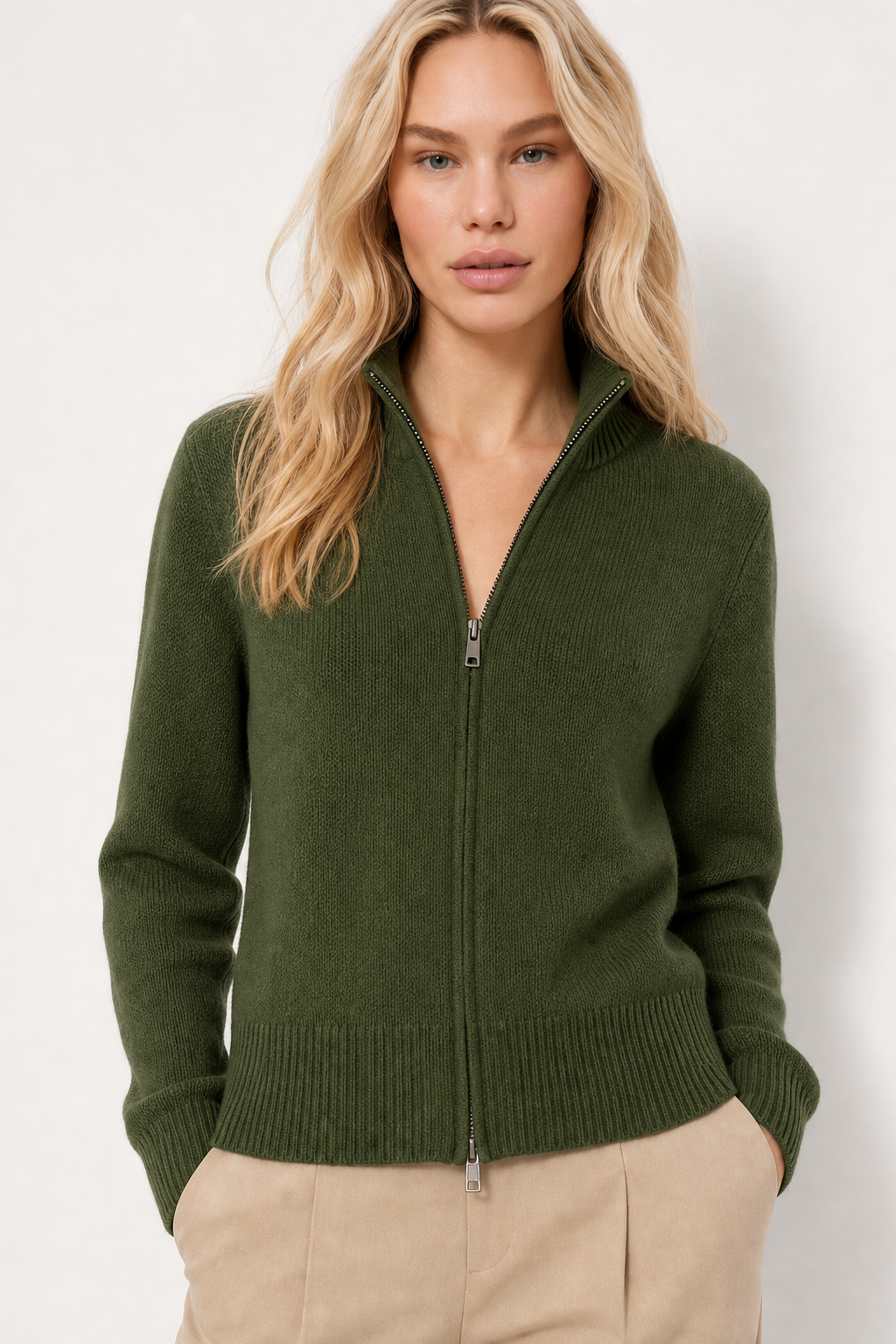 Kaylee Ribbed Knit Double Zip Cardigan - Forest Green