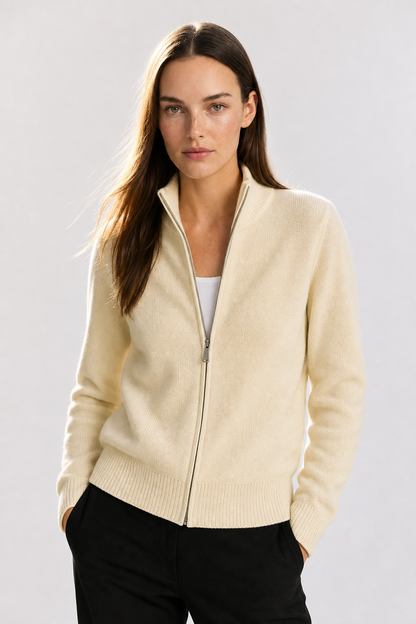 Kaylee Ribbed Knit Double Zip Cardigan - Ivory