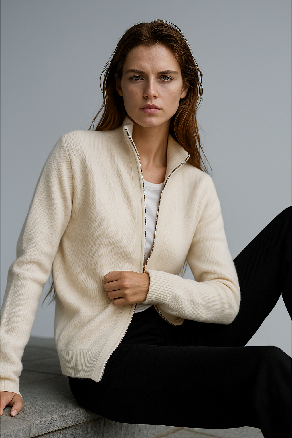 Kaylee Ribbed Knit Double Zip Cardigan - Ivory