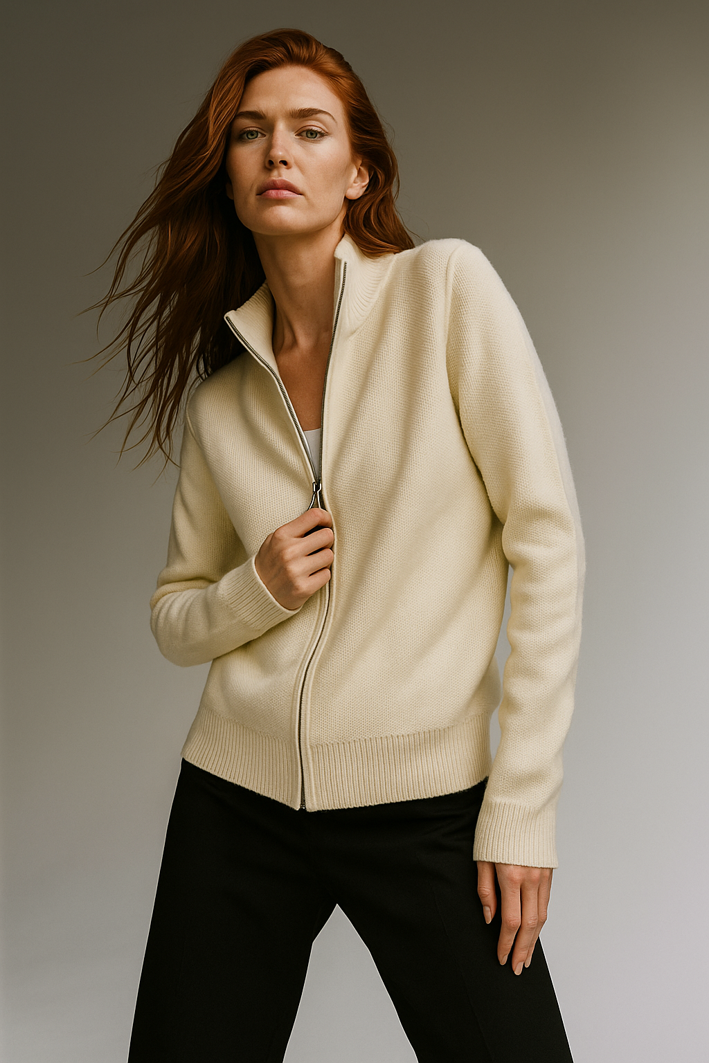 Kaylee Ribbed Knit Double Zip Cardigan - Ivory