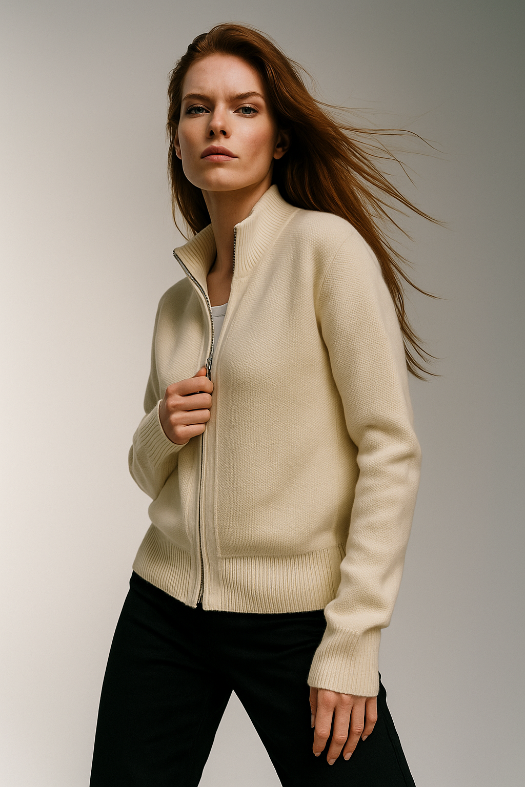 Kaylee Ribbed Knit Double Zip Cardigan - Ivory