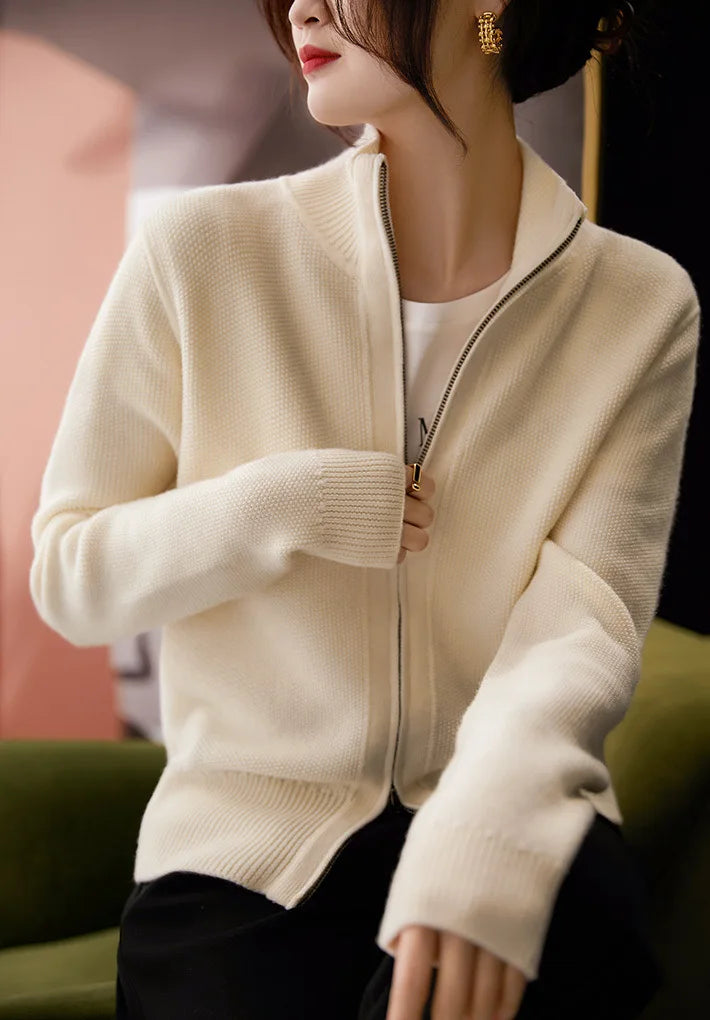 Kaylee Ribbed Knit Double Zip Cardigan - Ivory