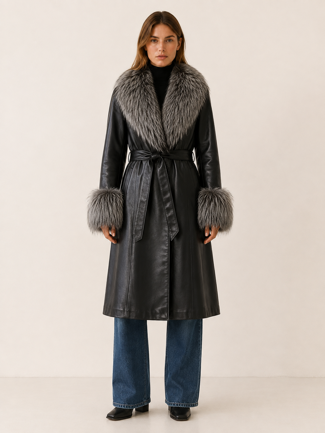 Keelan Faux Fur Belted Leather-Look Long Coat - Black