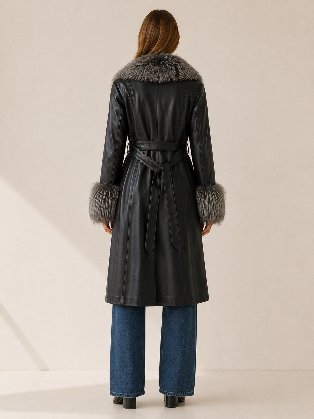 Keelan Faux Fur Belted Leather-Look Long Coat - Black