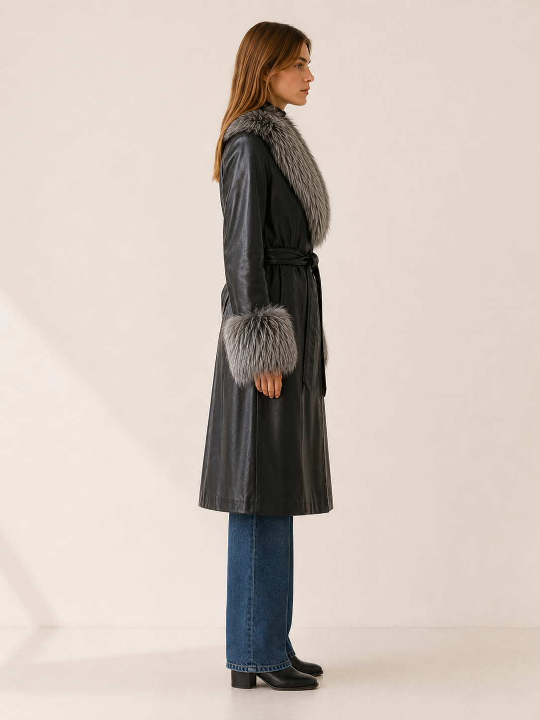 Keelan Faux Fur Belted Leather-Look Long Coat - Black