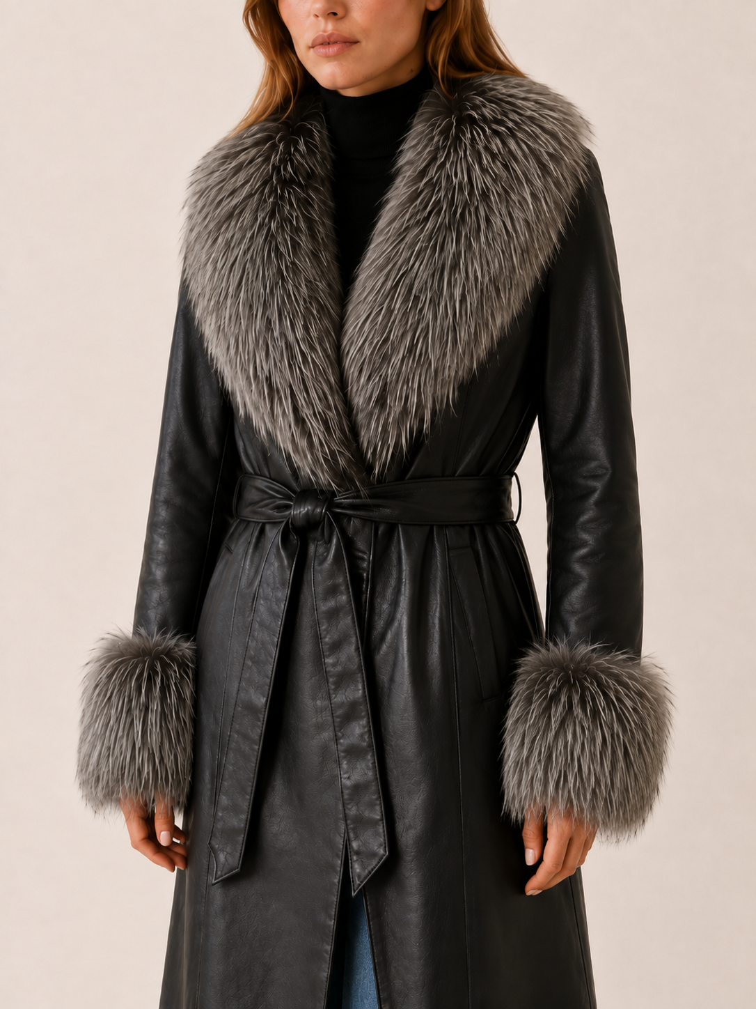 Keelan Faux Fur Belted Leather-Look Long Coat - Black