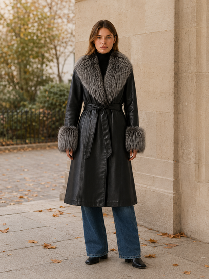 Keelan Faux Fur Belted Leather-Look Long Coat - Black