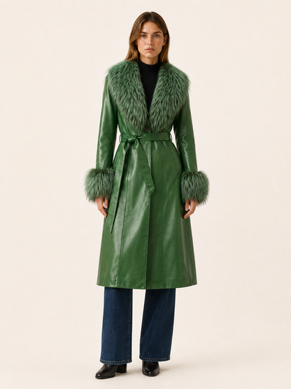 Keelan Faux Fur Belted Leather-Look Long Coat - Green