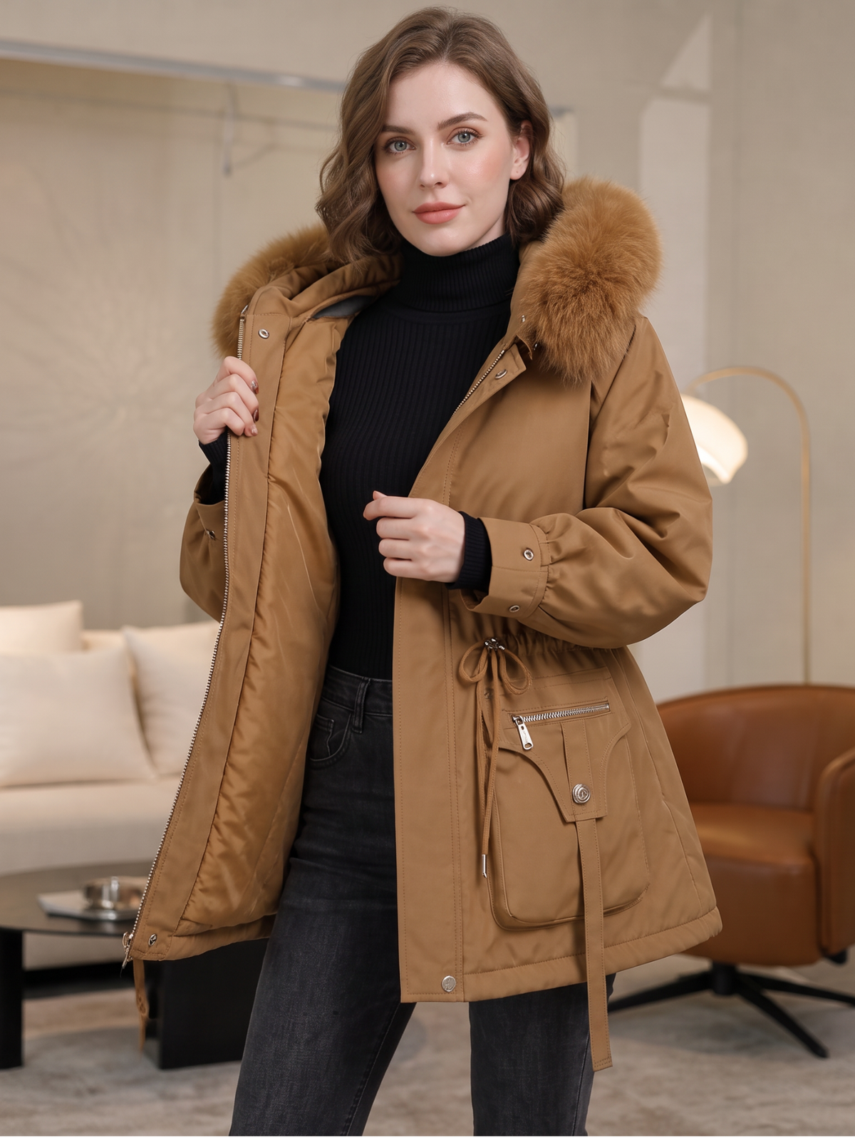 Keeley Faux Fur Hood Puffer Coat - Brown
