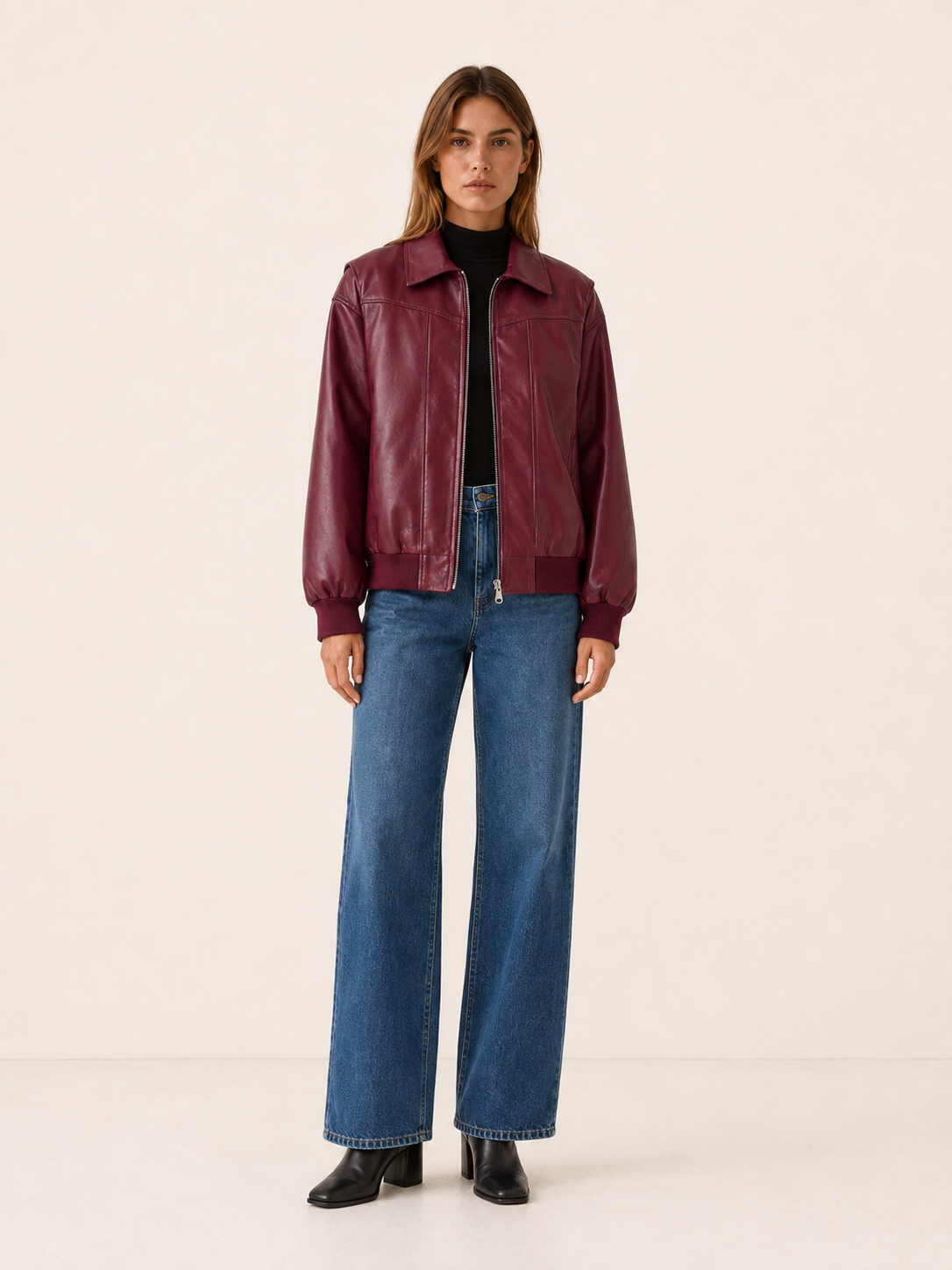 Kellyn Oversized Leather-Look Bomber Jacket - Burgundy