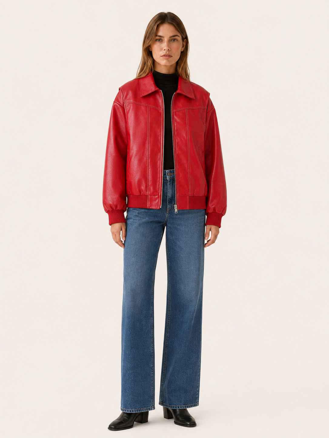 Kellyn Oversized Leather-Look Bomber Jacket - Red