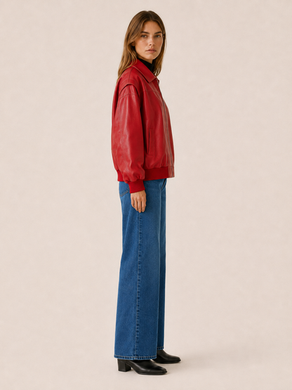 Kellyn Oversized Leather-Look Bomber Jacket - Red