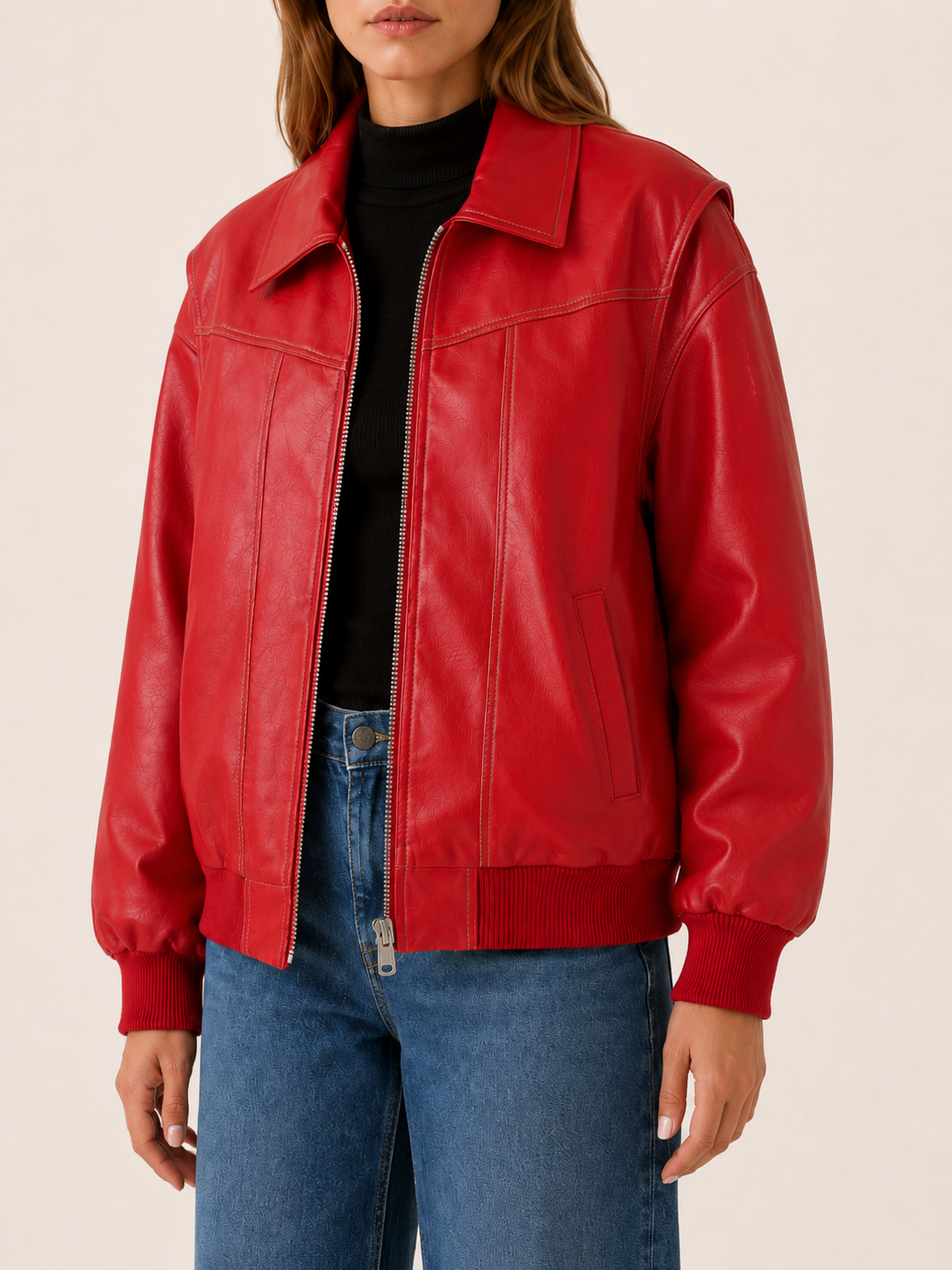 Kellyn Oversized Leather-Look Bomber Jacket - Red