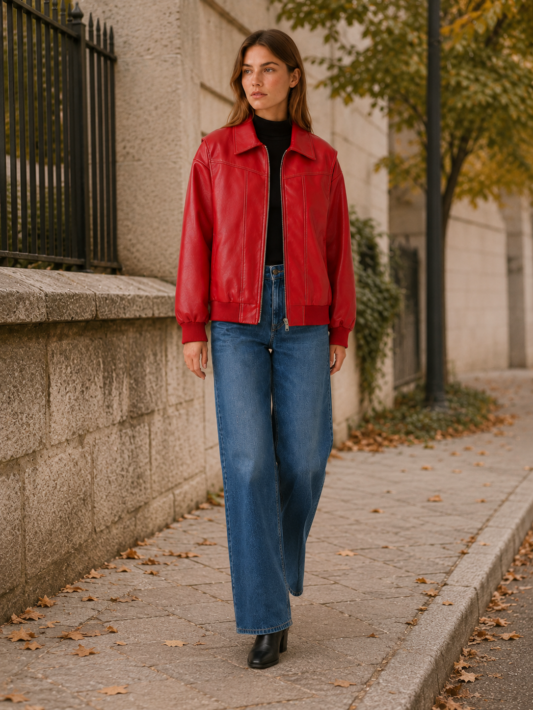 Kellyn Oversized Leather-Look Bomber Jacket - Red