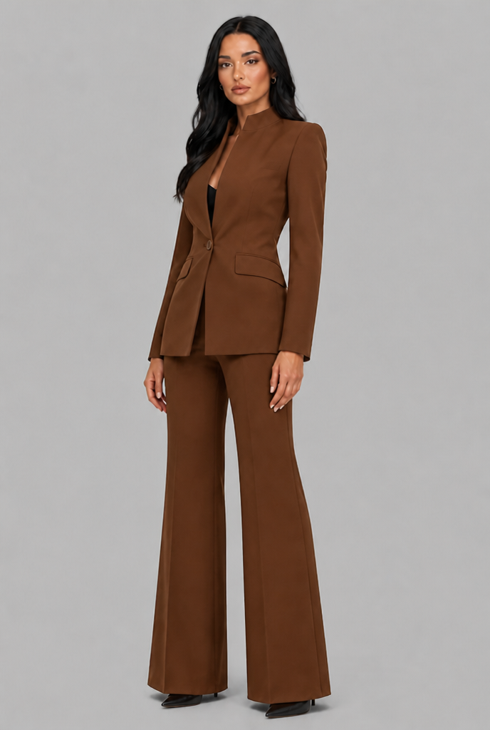 Kenzie Tailored Blazer Flared Trouser Set - Brown