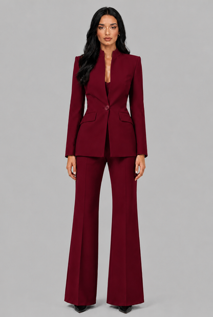 Kenzie Tailored Blazer Flared Trouser Set - Burgundy