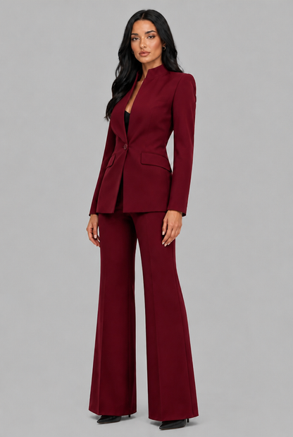 Kenzie Tailored Blazer Flared Trouser Set - Burgundy