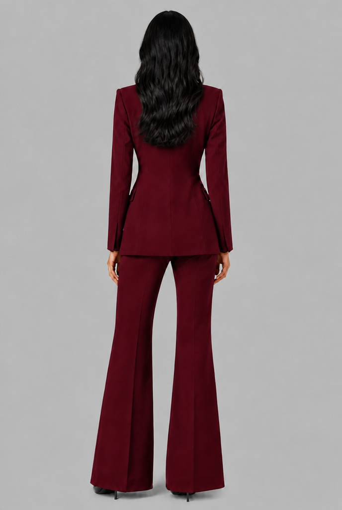 Kenzie Tailored Blazer Flared Trouser Set - Burgundy