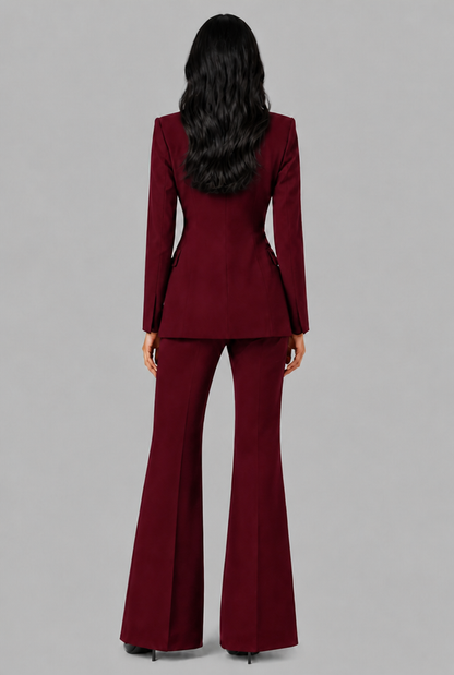 Kenzie Tailored Blazer Flared Trouser Set - Burgundy