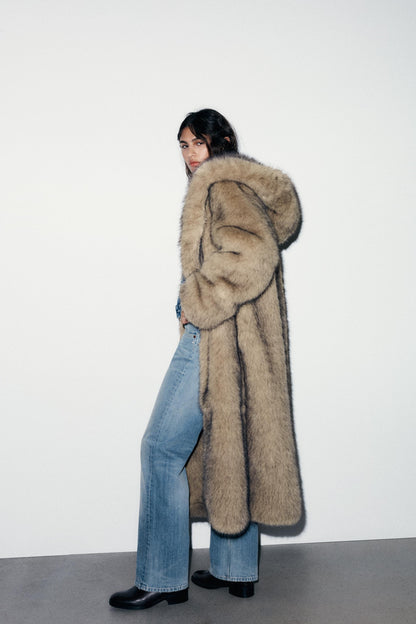 Kerrigan Lapel Collar Hooded Faux Fur Coat - Camel