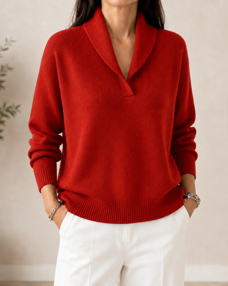 Keyla Shawl Collar V-Neck Sweater - Red
