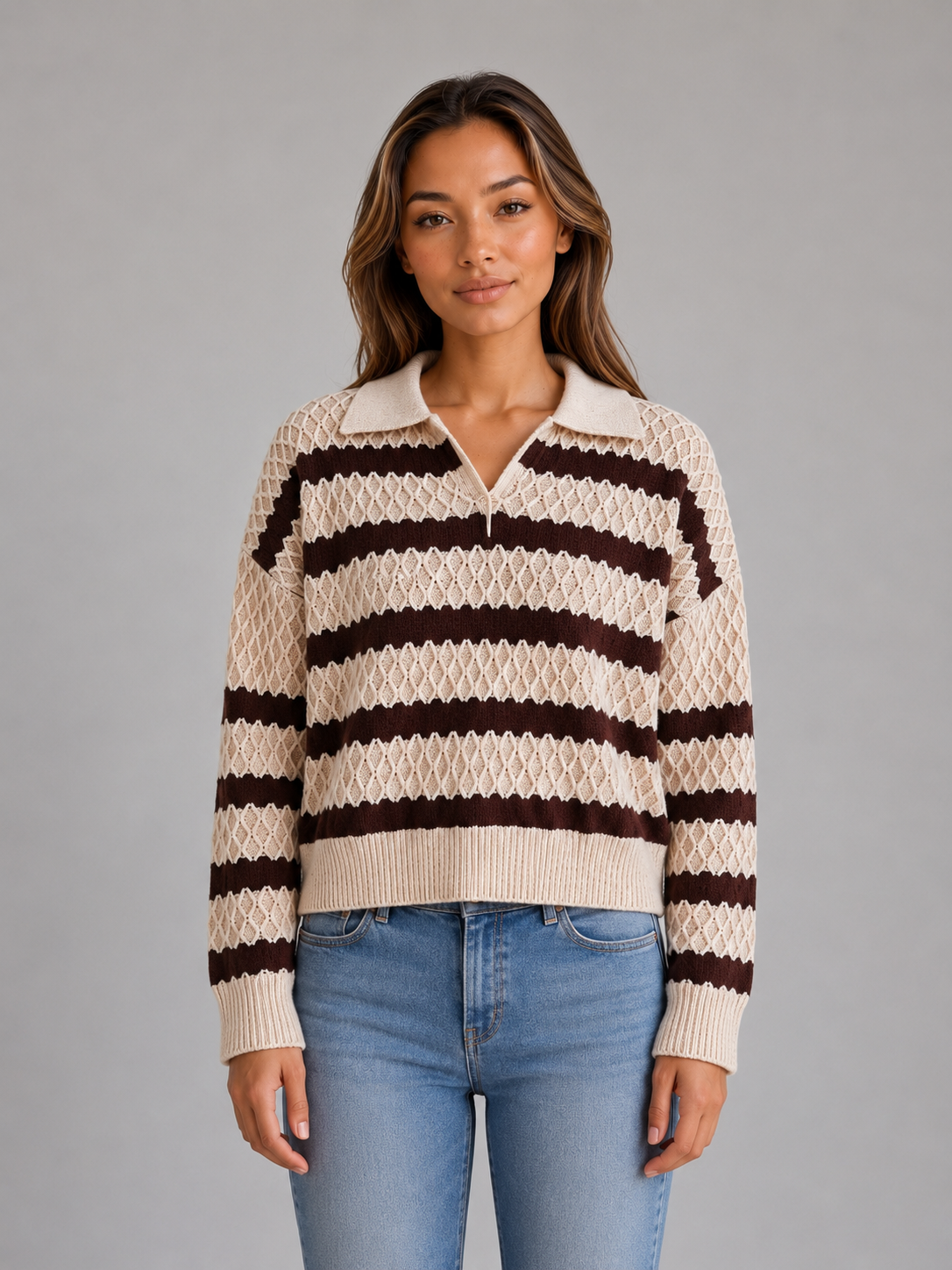 Kiley Striped Textured Polo Sweater - Cream