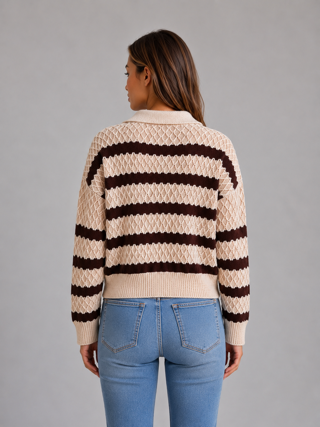 Kiley Striped Textured Polo Sweater - Cream