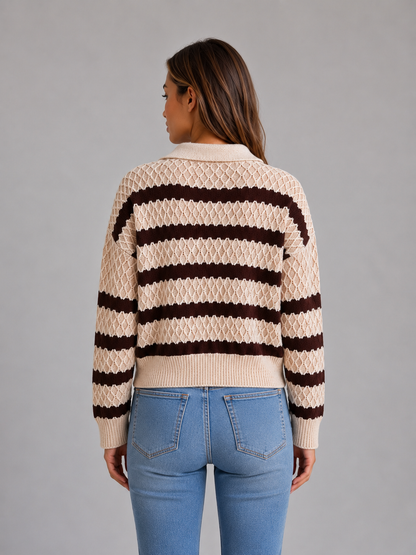 Kiley Striped Textured Polo Sweater - Cream