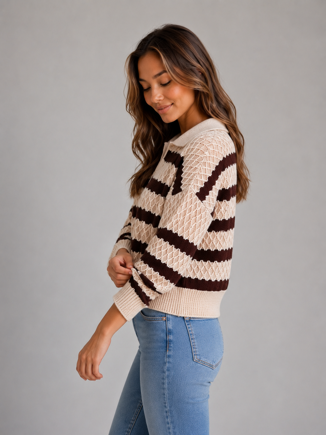 Kiley Striped Textured Polo Sweater - Cream