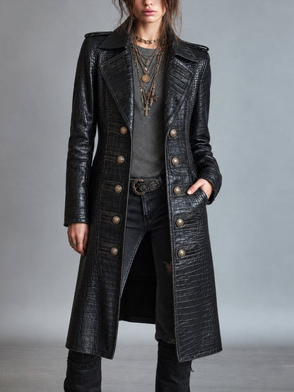 Kiona Croc-Embossed Longline Leather-Look Coat - Black