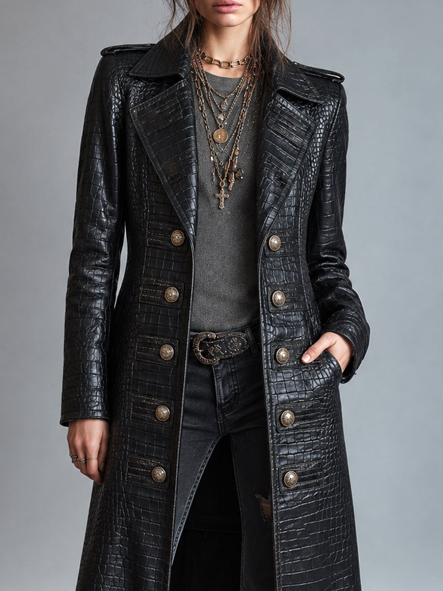 Kiona Croc-Embossed Longline Leather-Look Coat - Black