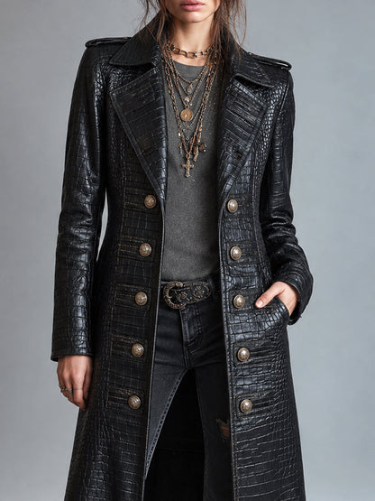 Kiona Croc-Embossed Longline Leather-Look Coat - Black