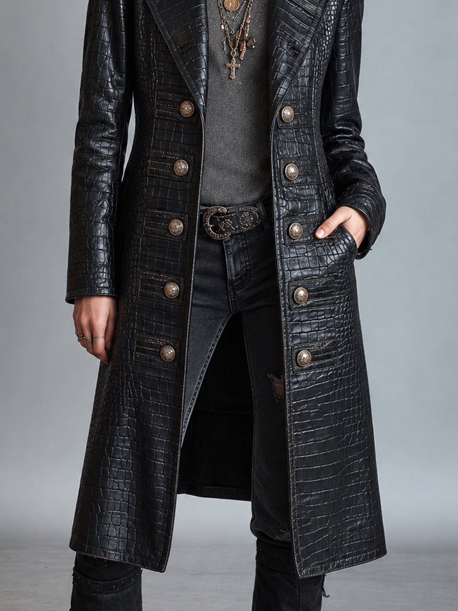 Kiona Croc-Embossed Longline Leather-Look Coat - Black