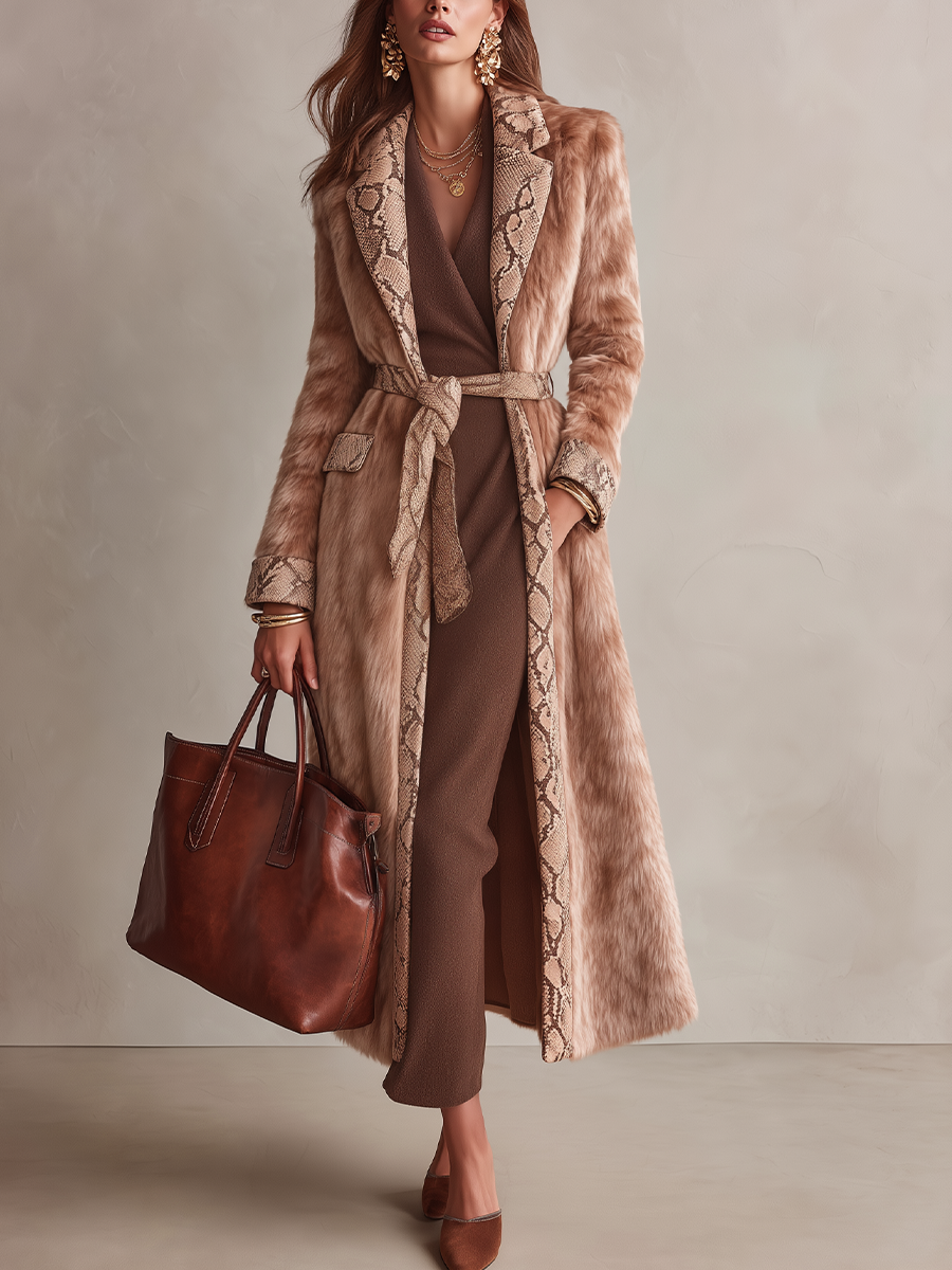 Kirstyn Snakeskin-Inspired Trim Faux Fur Coat - Camel