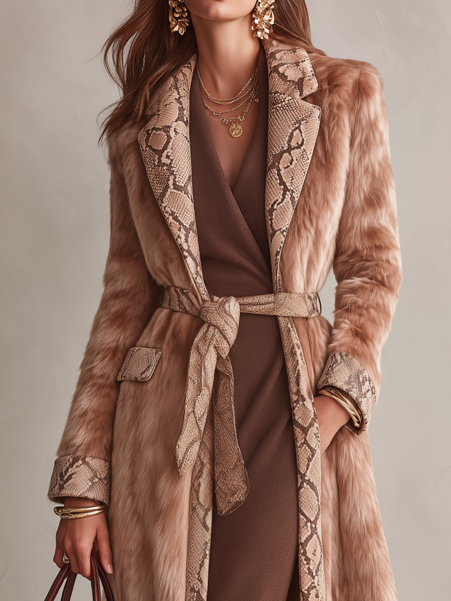 Kirstyn Snakeskin-Inspired Trim Faux Fur Coat - Camel