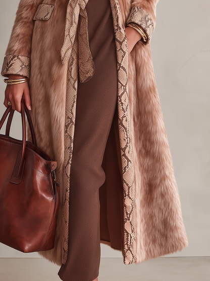 Kirstyn Snakeskin-Inspired Trim Faux Fur Coat - Camel