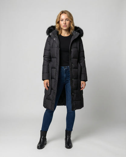 Kolbie Faux Fur Hooded Belted Longline Puffer Coat - Black