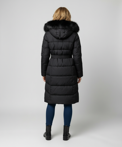 Kolbie Faux Fur Hooded Belted Longline Puffer Coat - Black