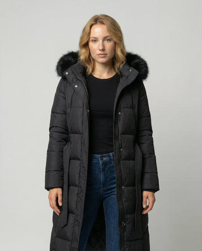 Kolbie Faux Fur Hooded Belted Longline Puffer Coat - Black
