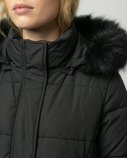 Kolbie Faux Fur Hooded Belted Longline Puffer Coat - Black