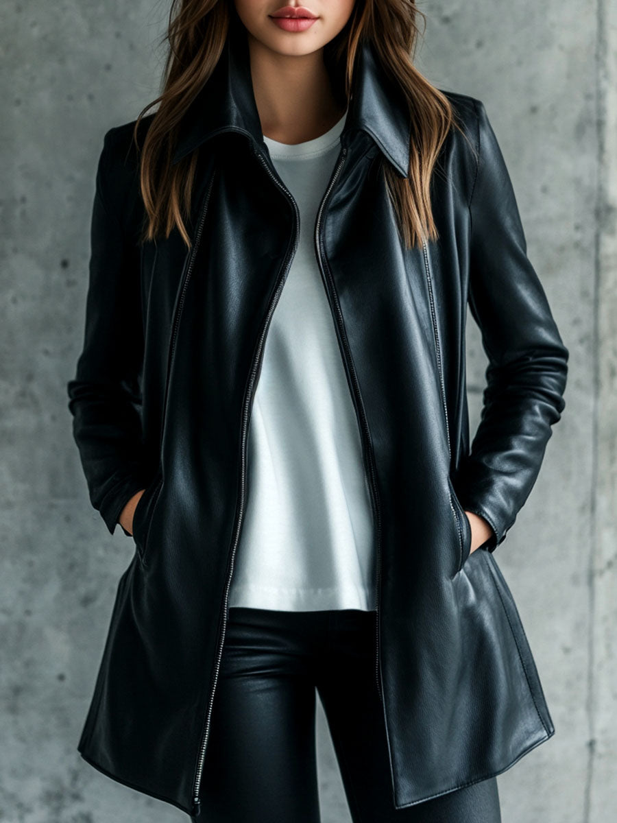 Korinne Leather Collared Zip-Up Jacket - Black