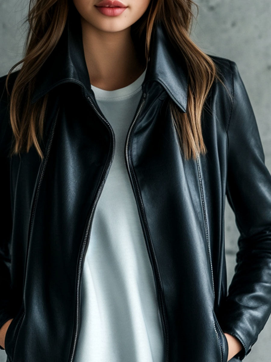 Korinne Leather Collared Zip-Up Jacket - Black